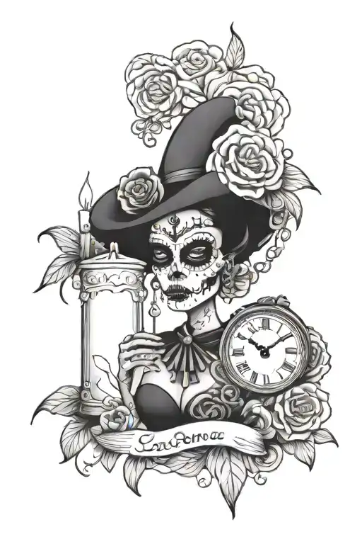 black and gray mature dark goth la catrina tattoo with a candle and watch incorporating violets and gladiolas tattoo design idea