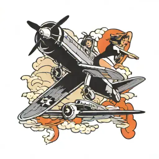 kamikaze plane with pinup girl sitting on the wing tattoo design idea