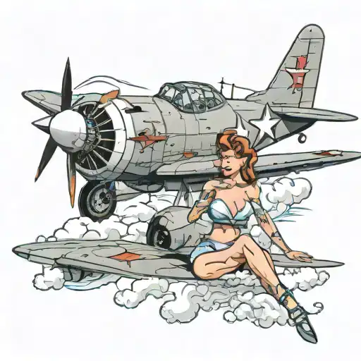 kamikaze plane with pinup girl sitting with him tattoo design idea