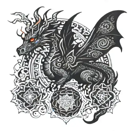 goth dragon and a mandala design incorporating fire, water, air, eart elements tattoo design idea