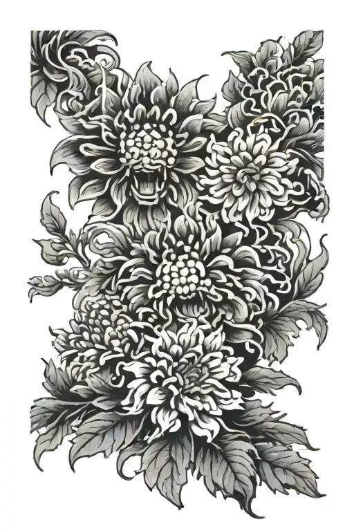 2 japanese chrysanthemum with oni mas k tattoo design idea