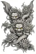 2 japanese chrysanthemum with oni mas k tattoo design idea