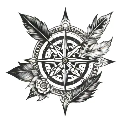Arrow Compass rose feathers tattoo design idea