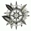 Arrow Compass rose feathers tattoo design idea