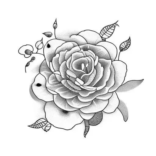 A blackwork tattoo of a delicate flower bouquet with each flower representing a different species of bird tattoo design idea