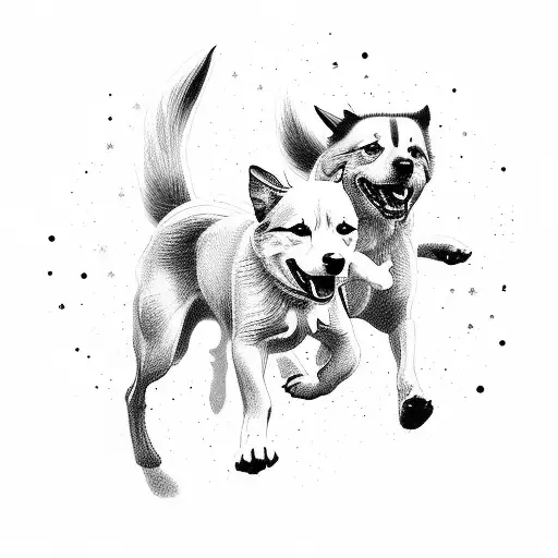 A pack of energetic dogs joyfully running through a meadow, their tails wagging with excitement tattoo design idea