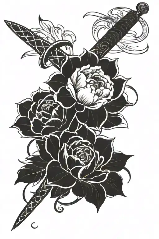 Japanese sword and flowers tattoo design idea