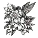A black and grey tattoo of the St Lucia flag with the Antillien crested Hummingbird perched on top, surrounded by white and pink frangipani flowers tattoo design idea