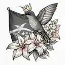 A black and grey tattoo of the St Lucia flag with the Antillien crested Hummingbird perched on top, surrounded by white and pink frangipani flowers tattoo design idea