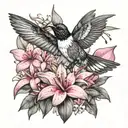 A black and grey tattoo of the St Lucia flag with the Antillien crested Hummingbird perched on top, surrounded by white and pink frangipani flowers tattoo design idea