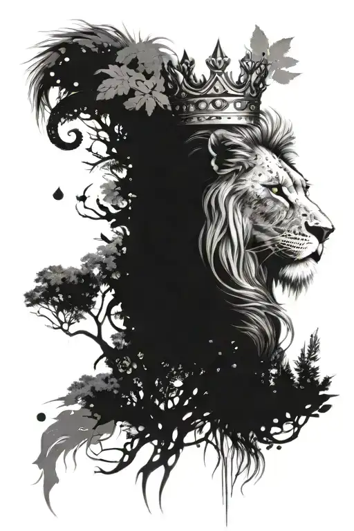angry lion with king crown surrounded by nature tattoo design idea