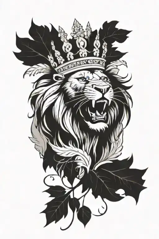 angry lion wearing king crown and surrounded by leaves tattoo design idea