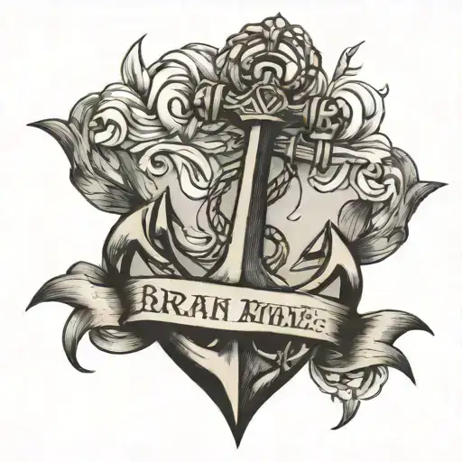 black-ink line anchor tattoo with the name Brian and a date inscribed on it tattoo design idea
