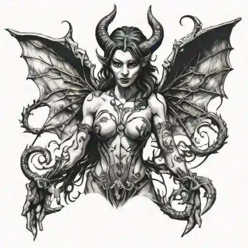 female succubus demon , close up to chest, detailed, evil tattoo design idea