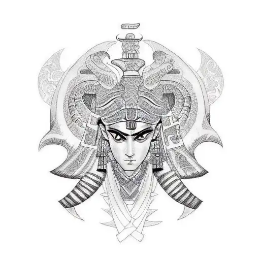 A mythical creature inspired by both Egyptian and Kabyle mythology, depicted in a sketchy style with black-grey shading. tattoo design idea