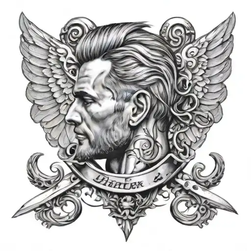 A detailed portrait of a barber holding a pair of shears, with angel wings behind them tattoo design idea