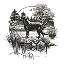 Black lab sitting near a lake by bushes and ducks flying by is far away  tattoo design idea