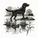 Black lab sitting near a lake by bushes and ducks flying by is far away  tattoo design idea