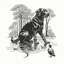 Black lab with trees and ducks  tattoo design idea