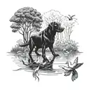 Black lab with trees and ducks  tattoo design idea