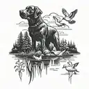 Black lab with trees and ducks  tattoo design idea