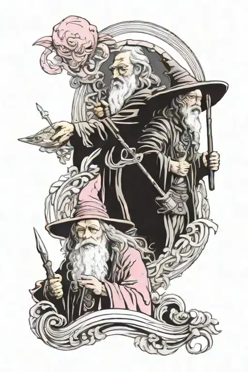 gandalf and bilbo in a pink floyd albums universe, psyhdelic ambiance tattoo design idea