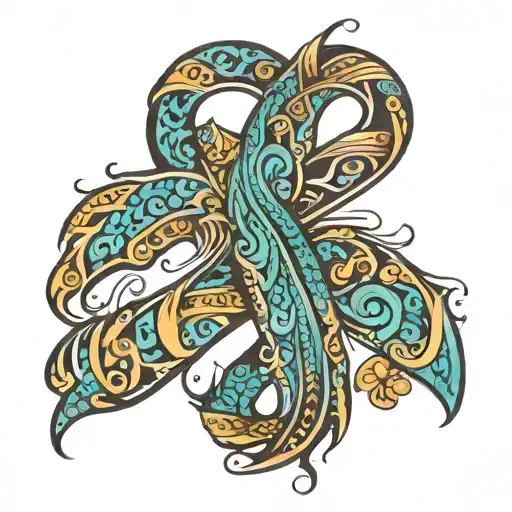 Ovarian Cancer ribbon. Pacific Island patterns. Roman numerals for the date 10th Jan 2024. tattoo design idea