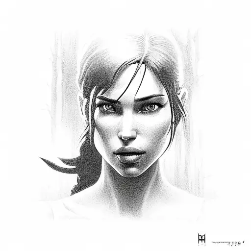 lara croft ps1 art style black and white tattoo design idea