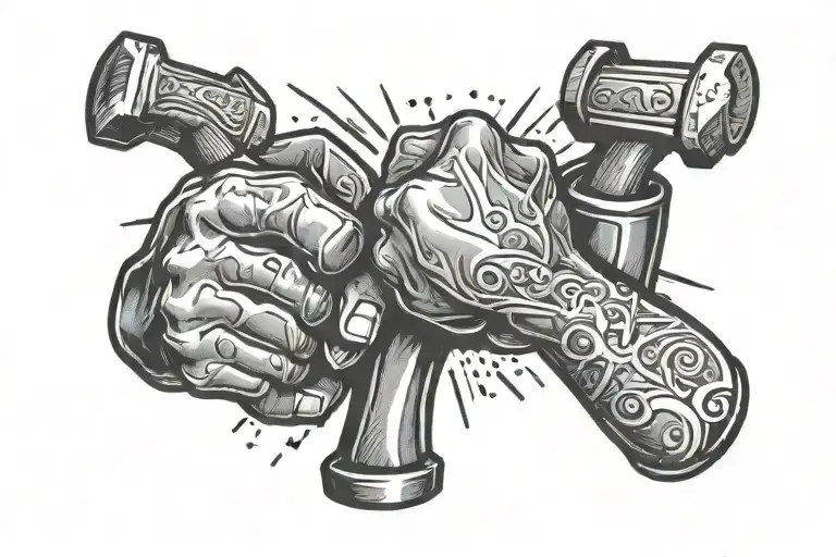 human fists with anvil and hammer and sparks sharpening tattoo design idea