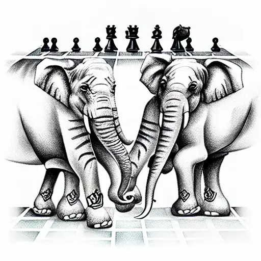 elephants roaming a chess board with other kings of the jungle tattoo design idea