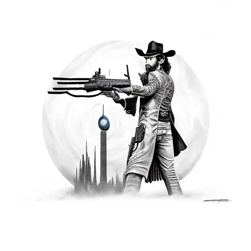 Steven king dark towers vibe with a gunslinger with a pistol in his hand with the dark tower in the background  tattoo design idea