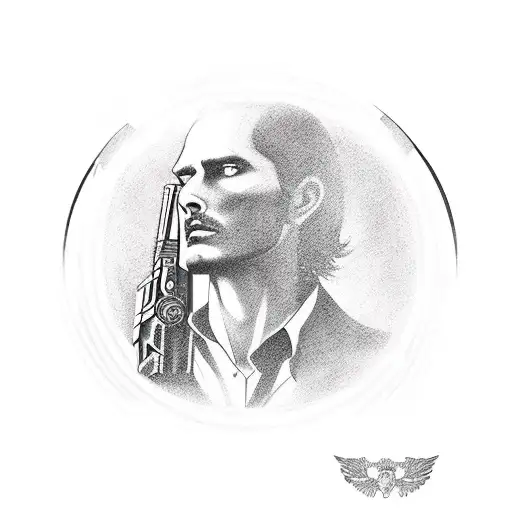 a gunslinger with a pistol in his hand with the dark tower in the background  tattoo design idea