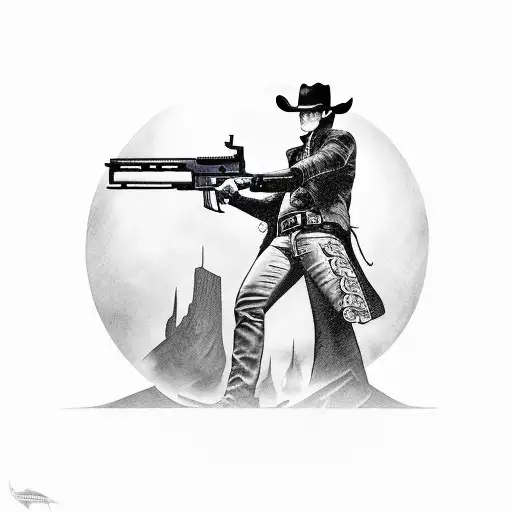 a gunslinger with a pistol in his hand with the dark tower in the background  tattoo design idea