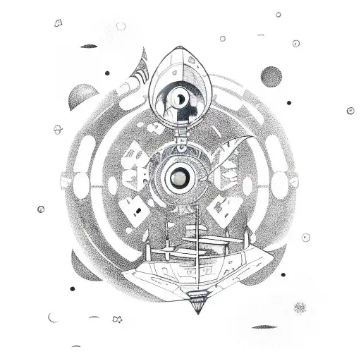 A cosmic scene with a spaceship and musical instruments floating in space tattoo design idea