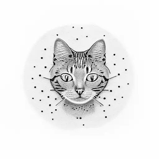 A dotwork tattoo of a thought bubble containing a tennis ball and a cat, symbolizing the client's tendency to overthink and their passion for both tennis and animals. tattoo design idea