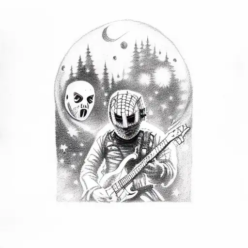 A hauntingly beautiful composition of Jason, Michael Myers, and Freddy Krueger playing a guitar together under a starry night sky tattoo design idea