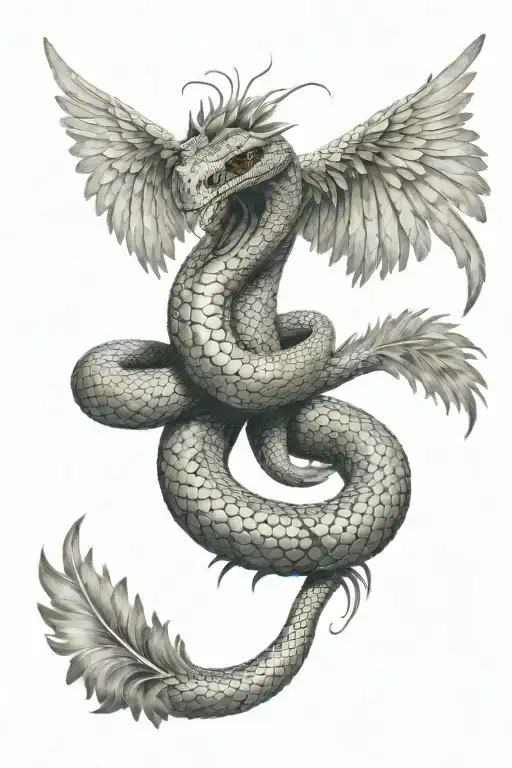 snake with feathers and wings spread, face facing front  tattoo design idea