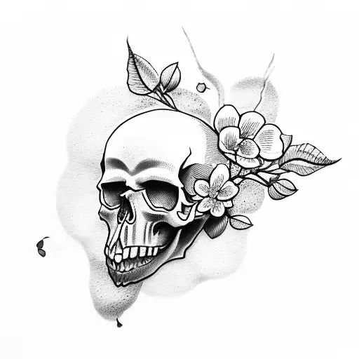 skull and cherry blossom simple  tattoo design idea