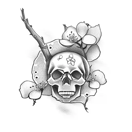 skull and cherry blossom simple  tattoo design idea