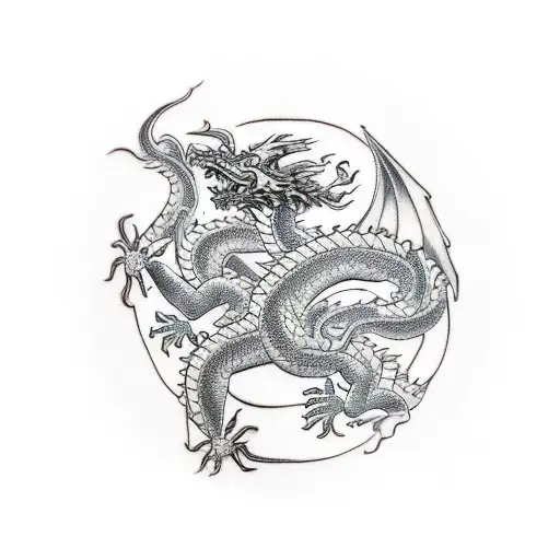 three headed dragon with heads going different ways tattooed on thigh with tail wrapping around  tattoo design idea