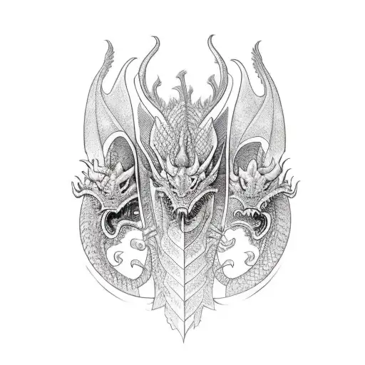 three headed dragon with heads going different ways tattooed on thigh with tail wrapping around  tattoo design idea