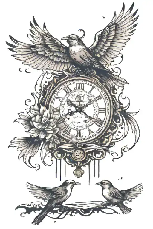 Incorporate a clock with melting numbers turning into birds breaking free and flying into a dotwork design tattoo design idea