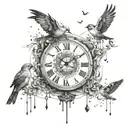 Incorporate a clock with melting numbers turning into birds breaking free and flying into a dotwork design tattoo design idea