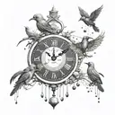 Incorporate a clock with melting numbers turning into birds breaking free and flying into a dotwork design tattoo design idea
