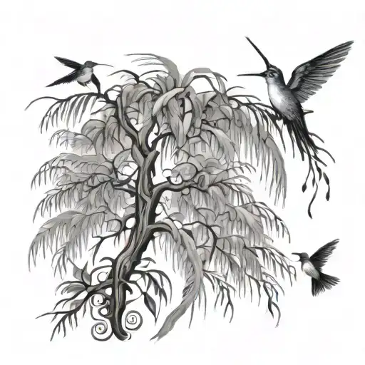 Weeping willow tree with hummingbirds flying tattoo design idea