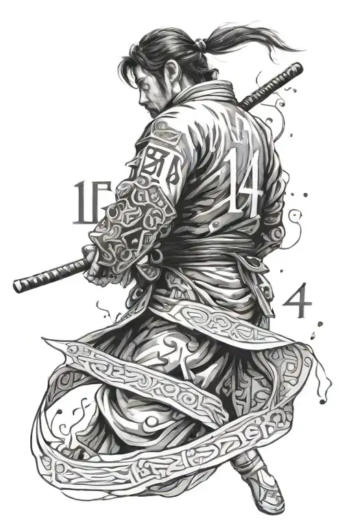 Samurai with his back turned, which is Fernando Alonso with the number 14 with motivating letters around it tattoo design idea