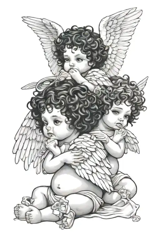 see no evil hear see speak no evil baby angels with black curly hair tattoo design idea
