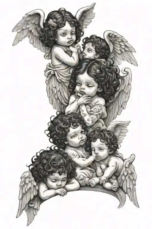 see no evil hear no evil speak no evil baby an angels with black curly hair  tattoo design idea