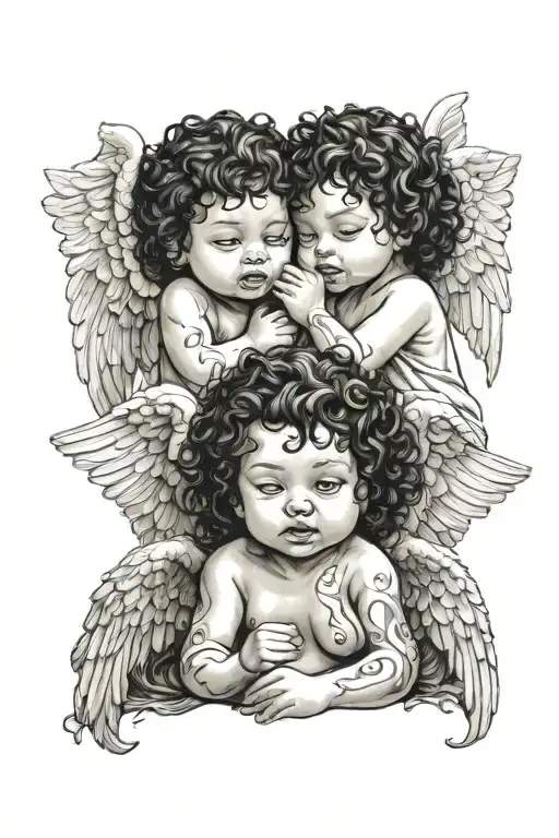 see no evil hear no evil speak no evil baby an angels with black curly hair  tattoo design idea