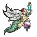 mermaid with potion bottle morphing tattoo design idea